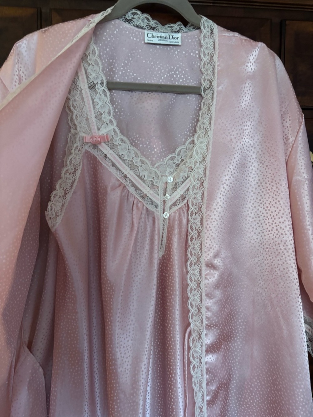Christian Dior Vintage Matching Nightgown & Robe Set w/Cream Lace Trim